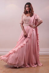 Designer Rosy Pink Draped Flare saree Set sasyafashion