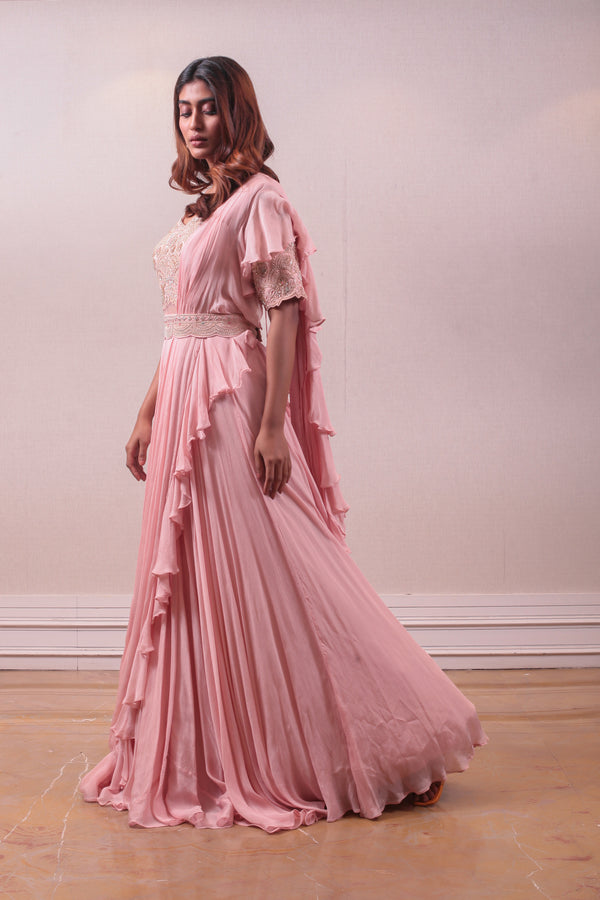 Designer Rosy Pink Draped Flare saree Set sasyafashion