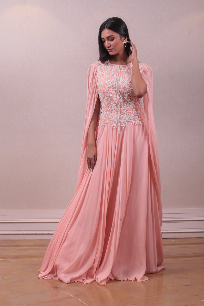 Designer Peach Cape Gown with Modern Silhouettes sasyafashion
