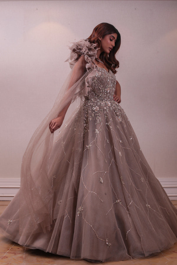 Designer Cape Emellished Bridal Ball Gown sasyafashion