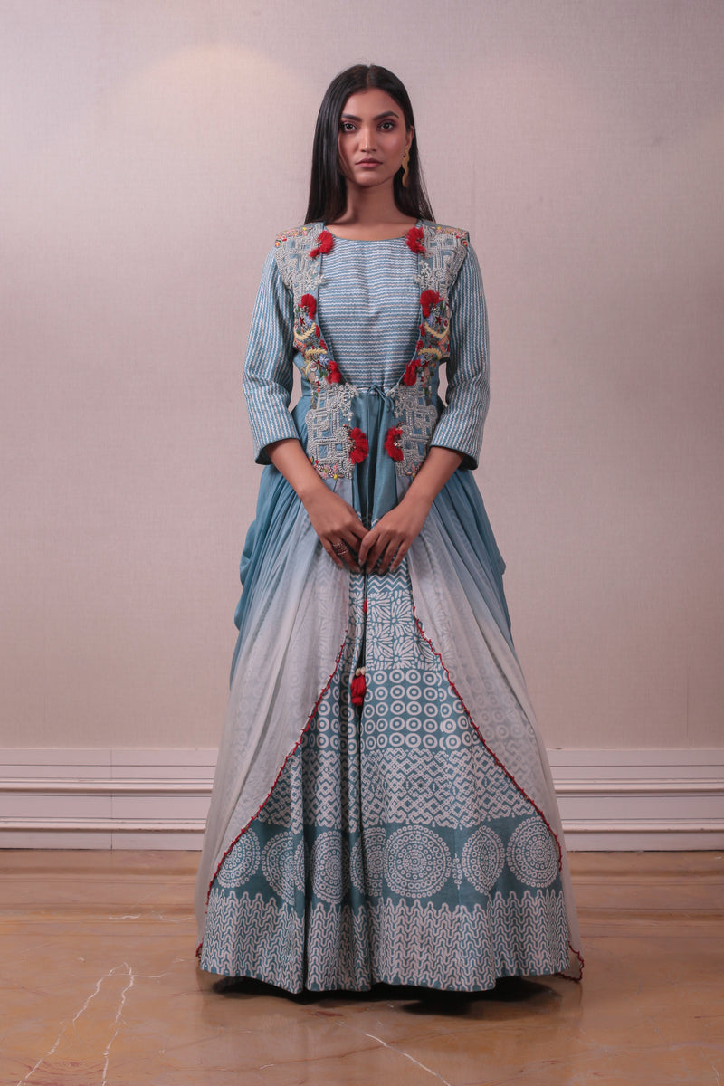 Designer Sky Blue Dress with Long Jacket sasyafashion
