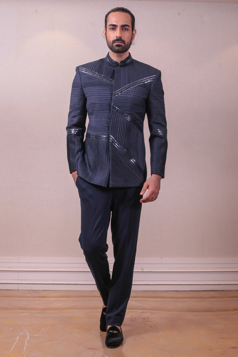 Designer Purssian Blue Bandhgala Set on Pintext Sequins Itlaian Fabric sasyafashion