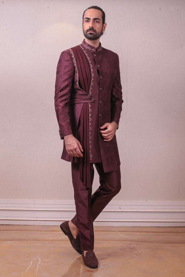 Designer Burgundy Drape Bandhgala Self Emboss Front Embodded Italian Fabric sasyafashion
