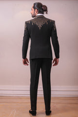 Designer Black Tuxido With Waist Coat And Trouser in Geometric Mettalic work on Polynosic Italian Fabric sasyafashion