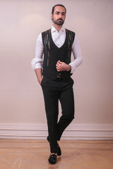 Designer Black Waist Coat Trouser in Geometric Mettalic work on Polynosic Italian Fabric sasyafashion