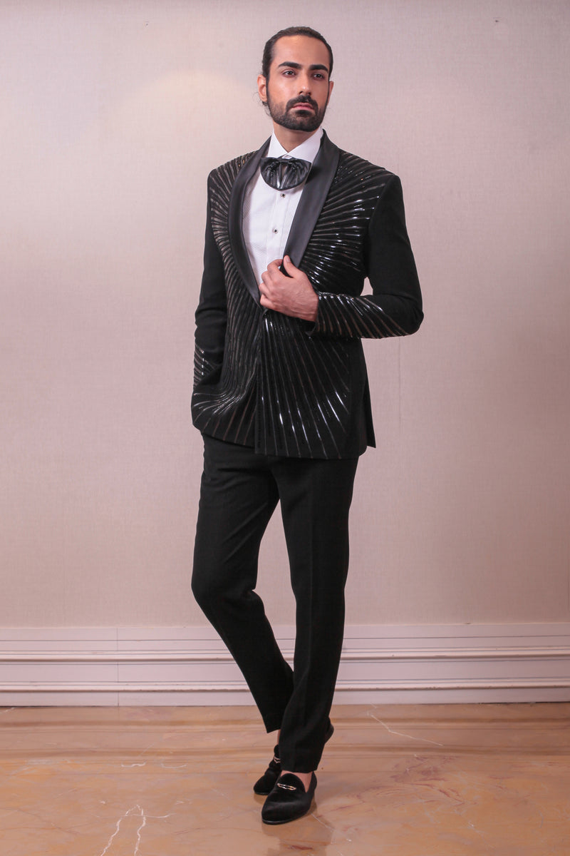 Designer Black Tuxedo Polynosic  Sequins Kardana Work sasyafashion