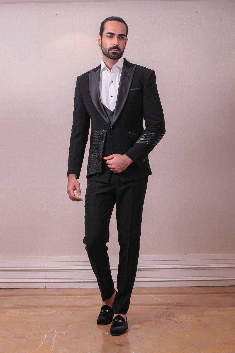 Designer Black Tuxedo Trouser with Intricate Sequins work on Polynosic Italian Fabric sasyafashion