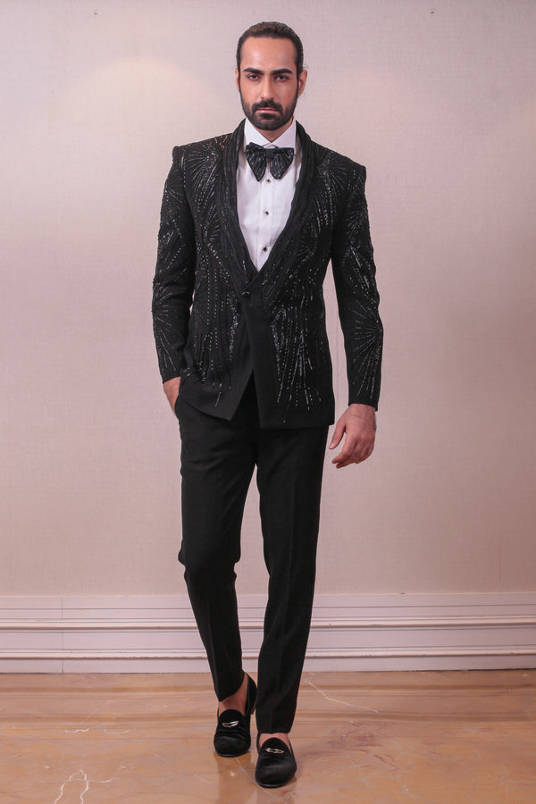 Designer Black Tuxedo Trouser with Intricate Sequins Kardana work on Polynosic Italian Fabric sasyafashion