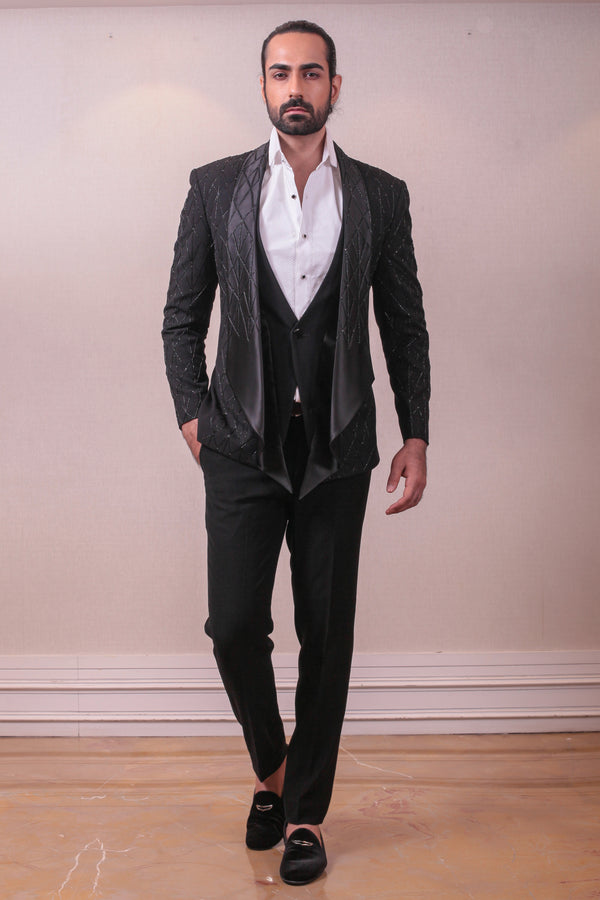 Designer Black Tuxedo Waist Coat Set Italian Fabric Kardana Work sasyafashion