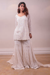 Designer White Net Embellished Sharara Set sasyafashion