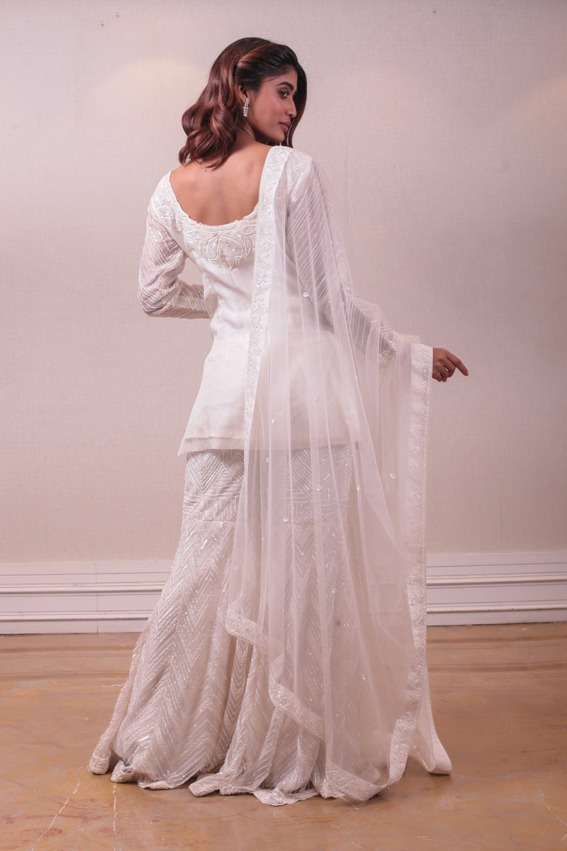 Designer White Net Embellished Sharara Set sasyafashion