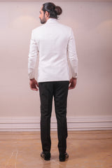 Designer White Tuxedo Self Design Jacquard Fabric With Intricate Kardana work sasyafashion