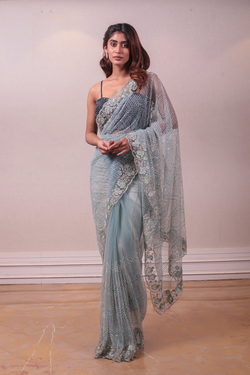 Designer Sky Blue Net Embellished Saree sasyafashion