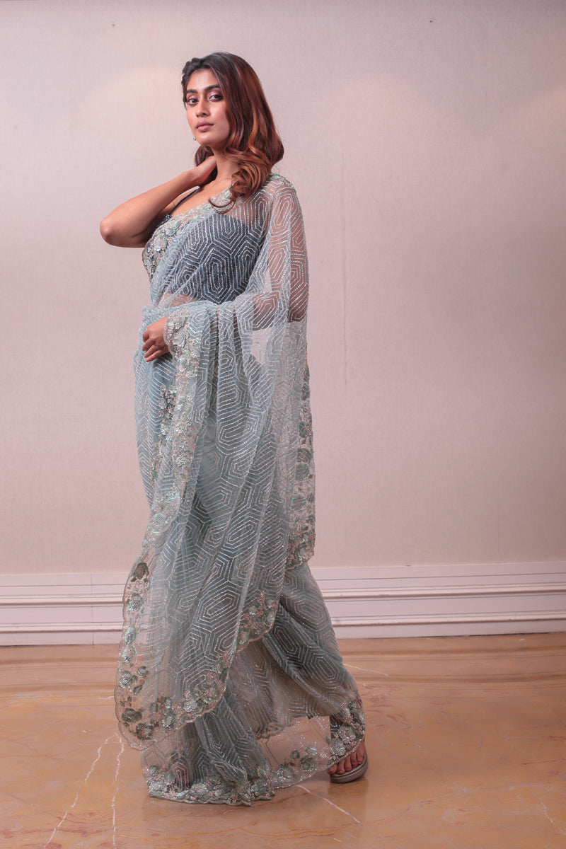 Designer Sky Blue Net Embellished Saree sasyafashion