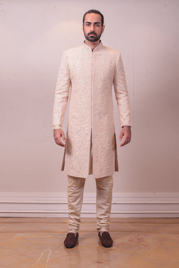 Designer Beige Sherwani Set on Raw Silk Multi Highlight with Beads& Kardana work sasyafashion