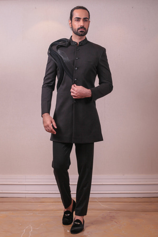 Designer Black Bandhgala Set Italian Polynosic Fabric Collar  With Kardana Sequins work sasyafashion