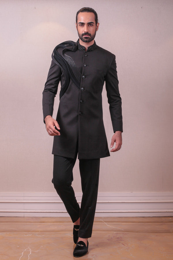 Designer Black Bandhgala Set Italian Polynosic Fabric Collar  With Kardana Sequins work sasyafashion