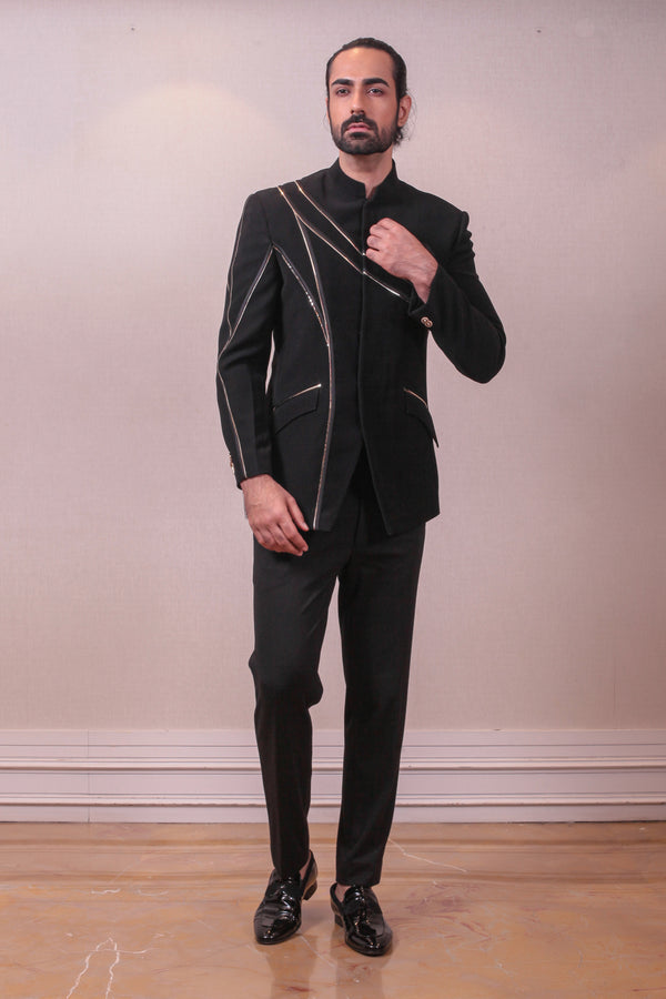 Designer Black Bandhgala Suit Polynosic Italian in Modern Geometric Pattern Mettalic Work sasyafashion