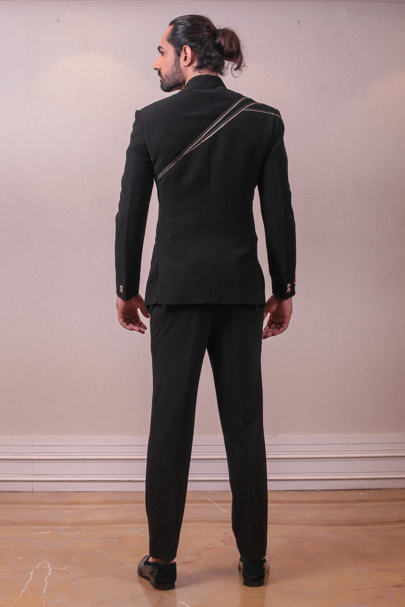 Designer Black Bandhgala Suit Polynosic Italian in Modern Geometric Pattern Mettalic Work sasyafashion