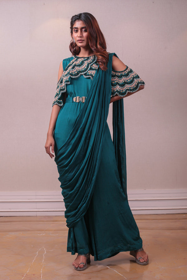 Designer Teal Embellished Crepe Silk drape saree sasyafashion