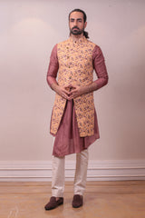 Designer Yellow Silk Long Nehru Jacket Mauve Cowl Kurta Pajama Set With Floral Embroidered Work sasyafashion