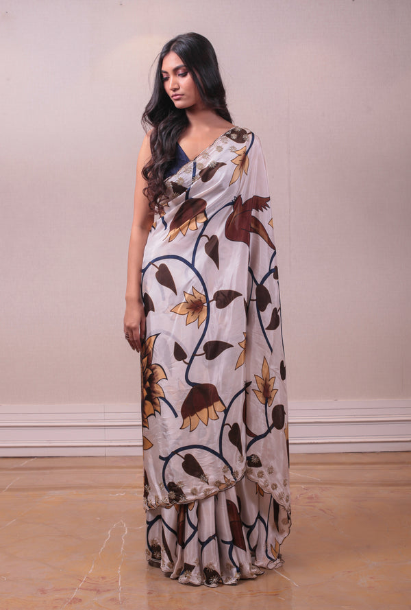 Designer White Brown Satin Embellished Saree sasyafashion