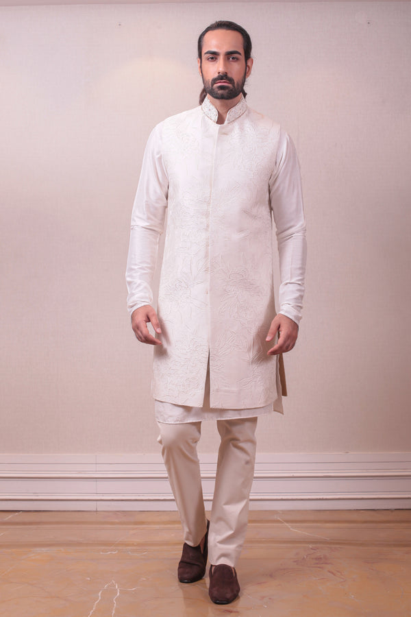 Designer Milky White Self Emboss Mix Pintex Long Jacket Kurta Pajama Set sasyafashion