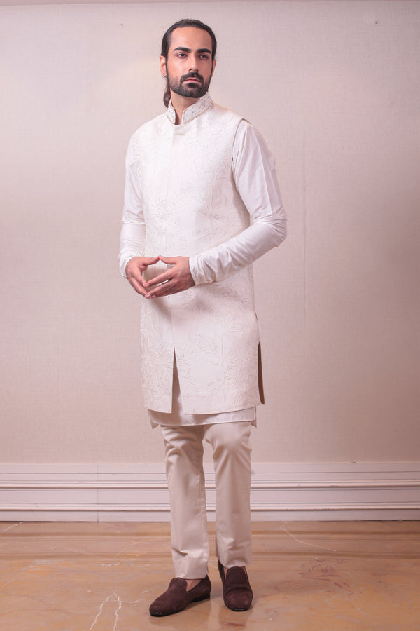 Designer Milky White Self Emboss Mix Pintex Long Jacket Kurta Pajama Set sasyafashion