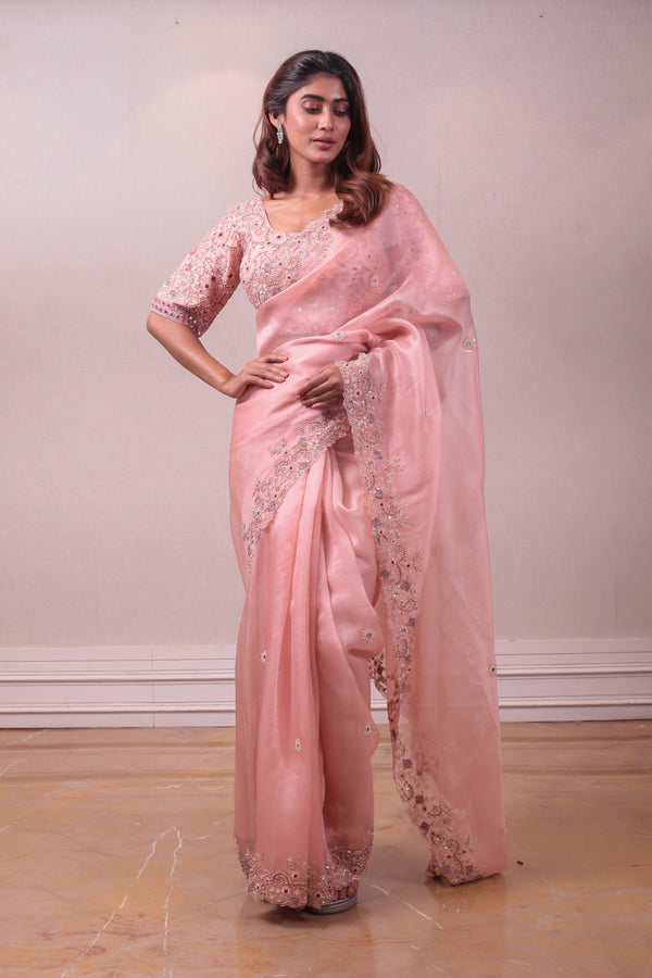 Designer Pink Organza Saree sasyafashion