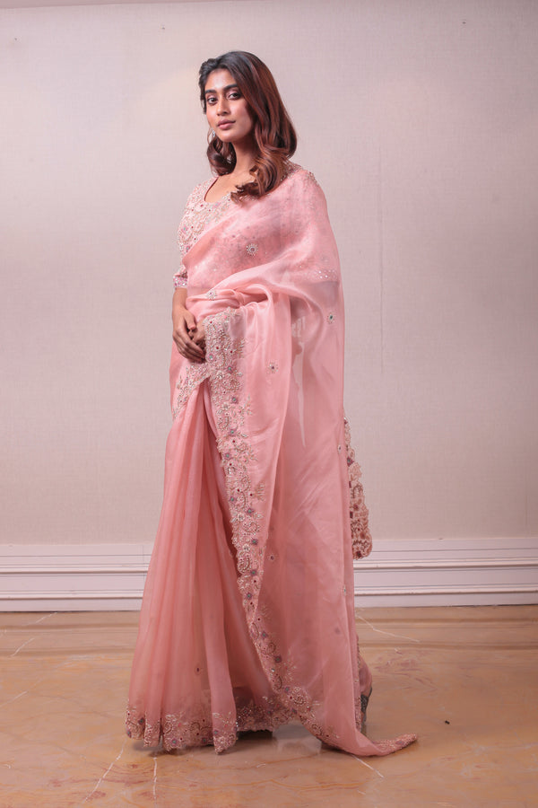 Designer Pink Organza Saree sasyafashion