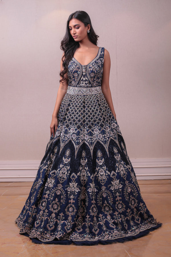 Designer Purssian Blue Raw Silk Embedded Gown sasyafashion