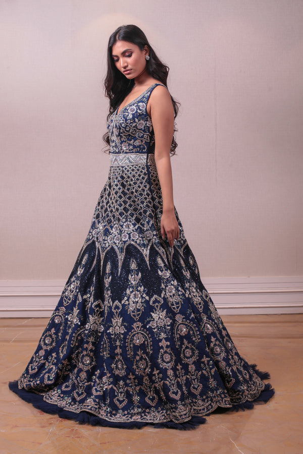 Designer Purssian Blue Raw Silk Embedded Gown sasyafashion