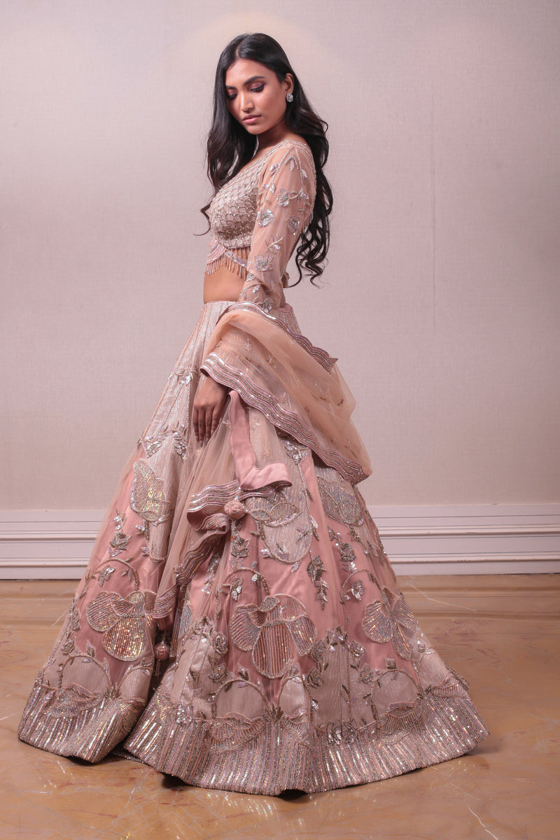 Designer Peach Raw Silk Kardana Work Lehenga sasyafashion