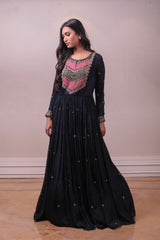 Designer Purssian Blue Georgette Embroidered Gown sasyafashion