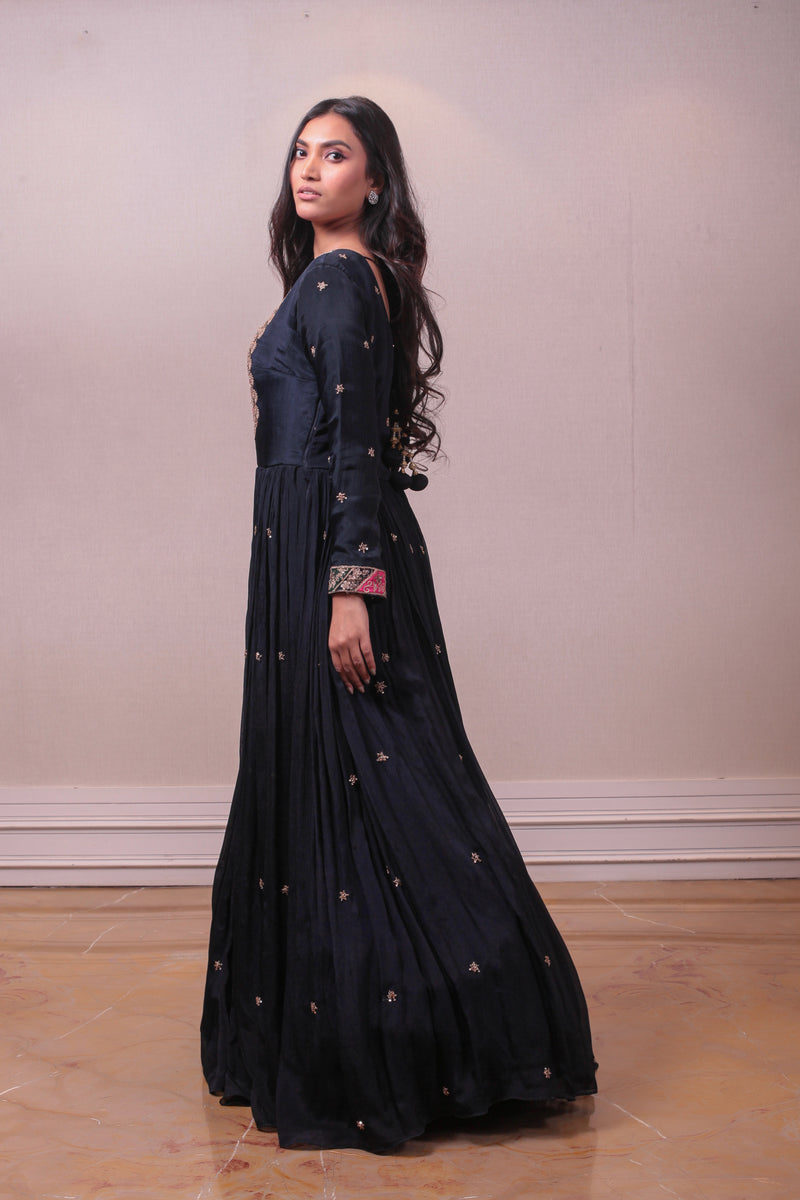 Designer Purssian Blue Georgette Embroidered Gown sasyafashion