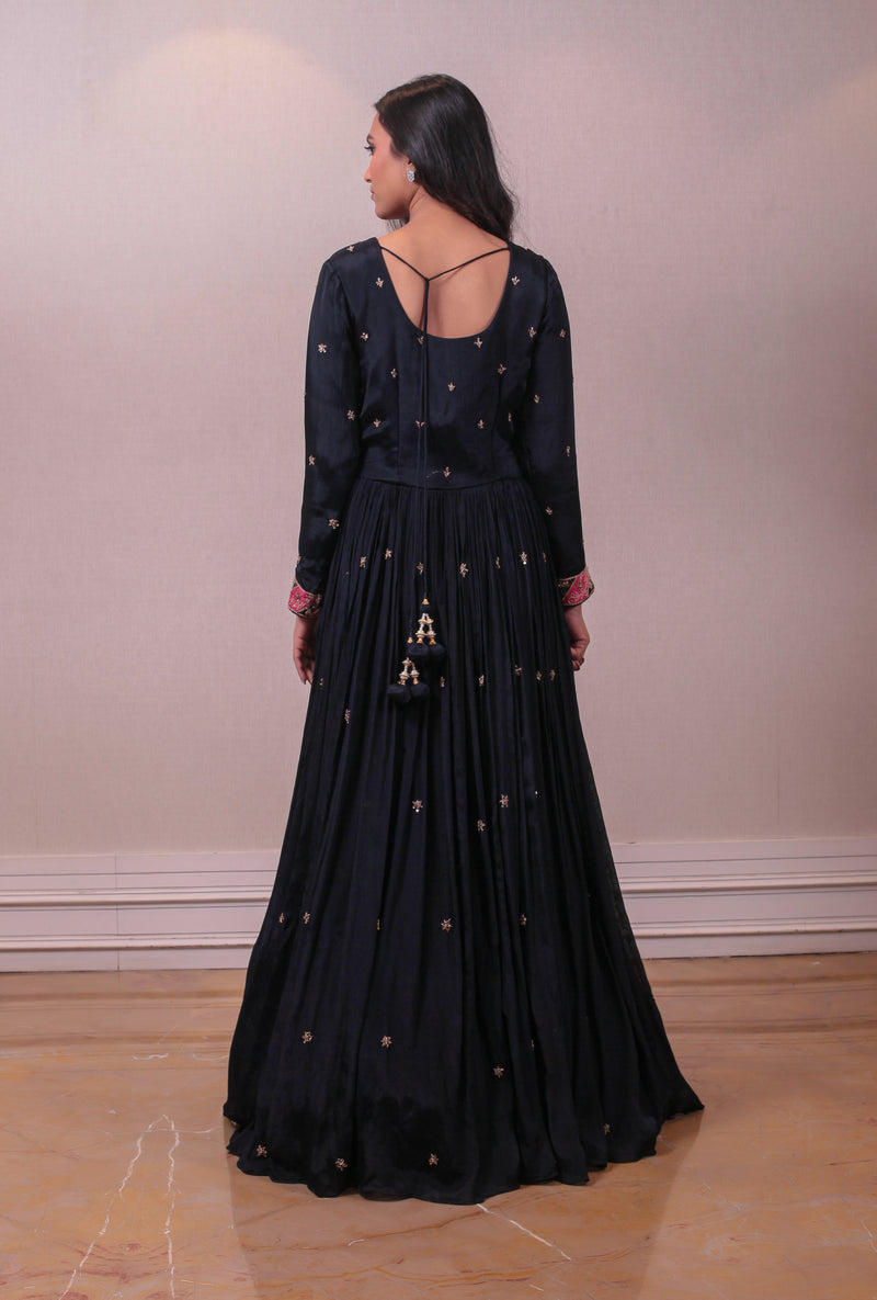 Designer Purssian Blue Georgette Embroidered Gown sasyafashion