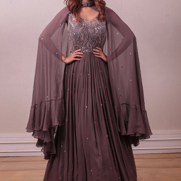 Lavender cape Gown | Indian gowns dresses, Gown party wear, Fashion dresses