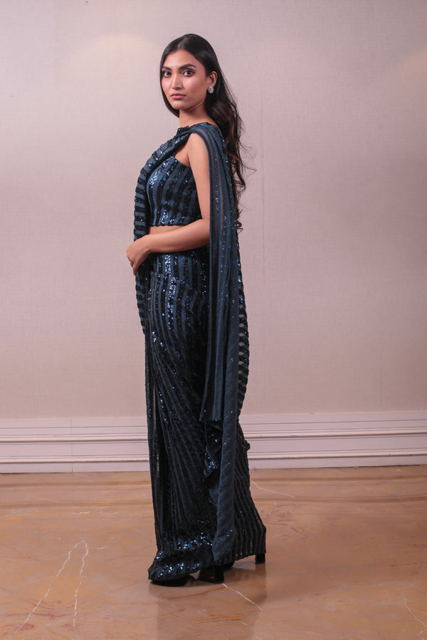 Designer Blackish Blue Net Embodied Saree sasyafashion