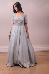 Designer Grey Raw Silk Gown sasyafashion