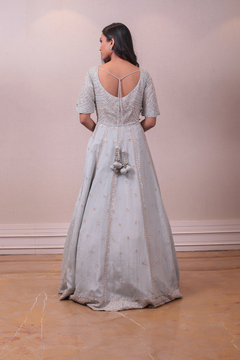 Designer Grey Raw Silk Gown sasyafashion