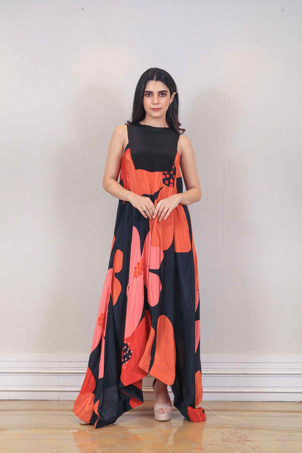 Designer Saffron and black colour Dress sasyafashion