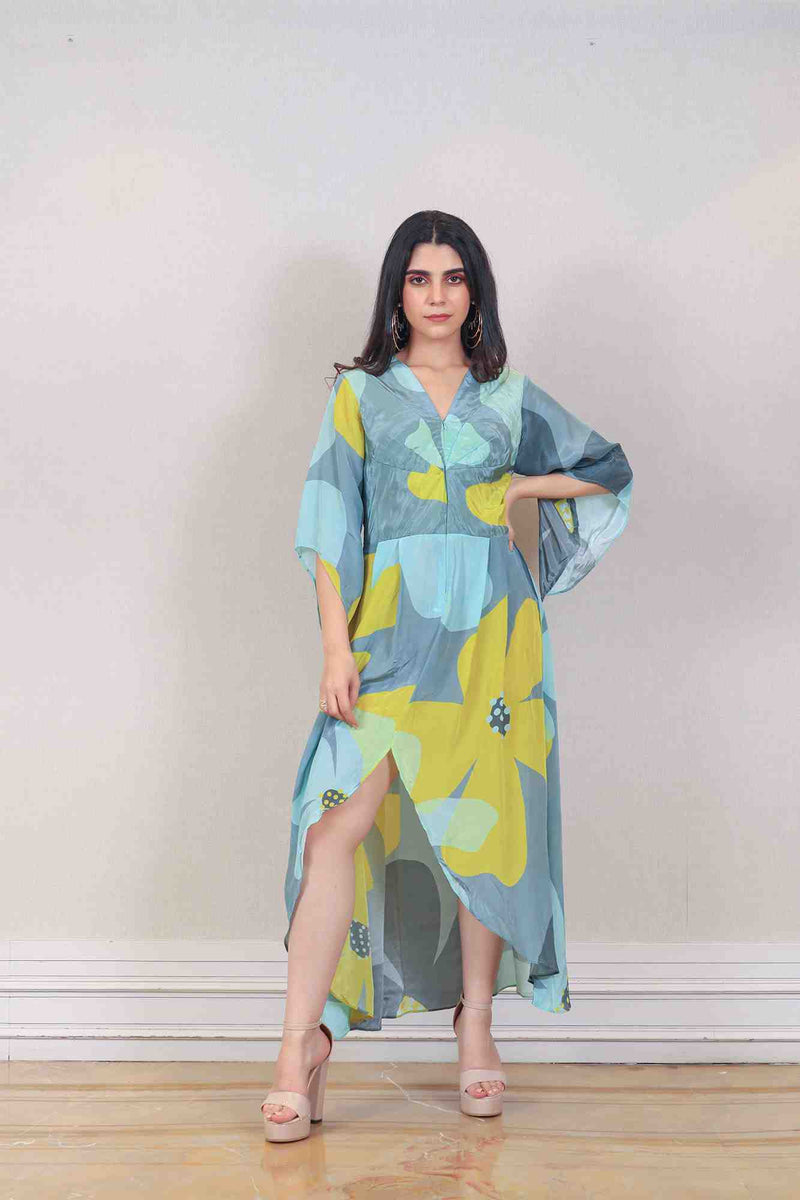 Designer Blue and yellow colour Dress sasyafashion