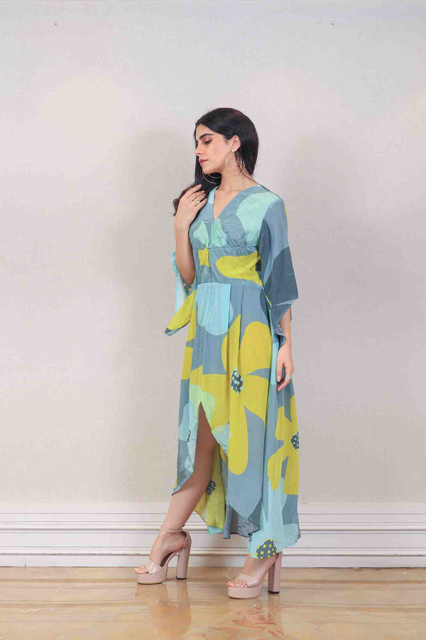 Designer Blue and yellow colour Dress sasyafashion