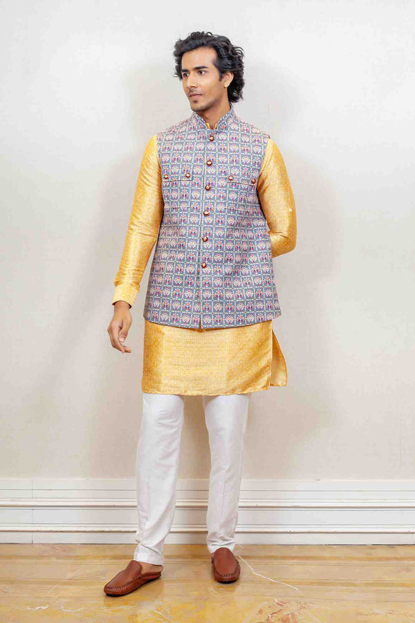 Kurta Jacket For Men In Blue and Yellow Colour sasyafashion