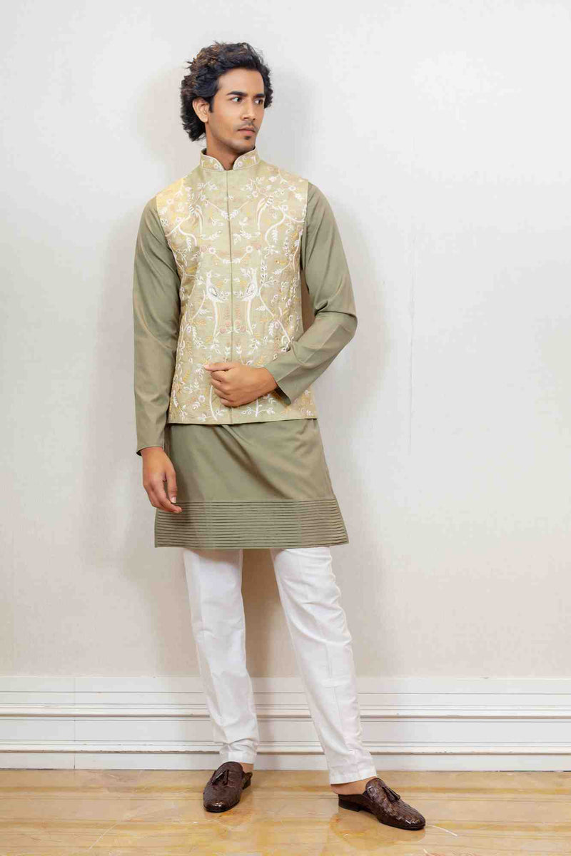 Kurta Jacket For Men In Off White and Green Colour sasyafashion