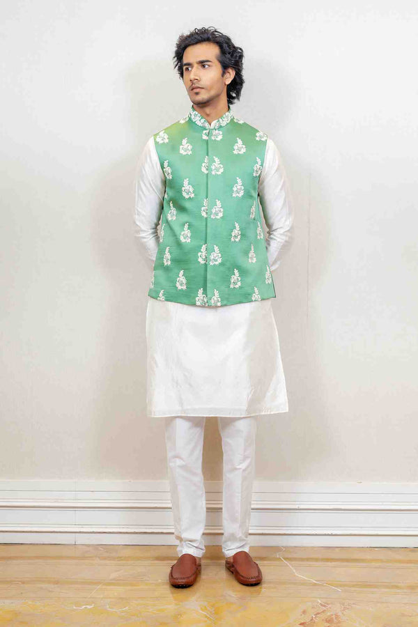 Kurta Jacket For Men In Green and White Colour sasyafashion