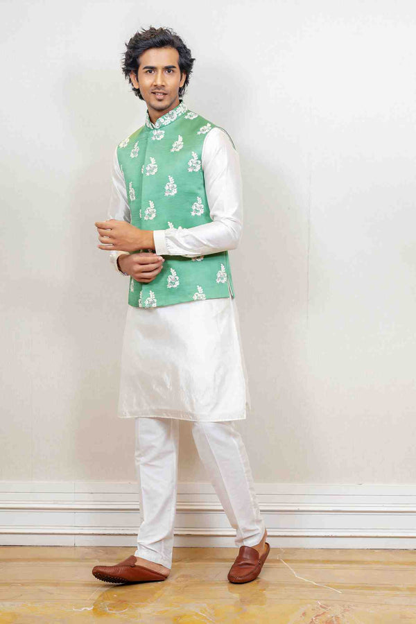 Kurta Jacket For Men In Green and White Colour sasyafashion