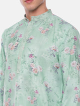 Aqua Blue Linen Printed Kurta Set