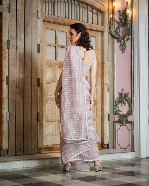 Designer purplish white color Hand Embroidered saree blouse set