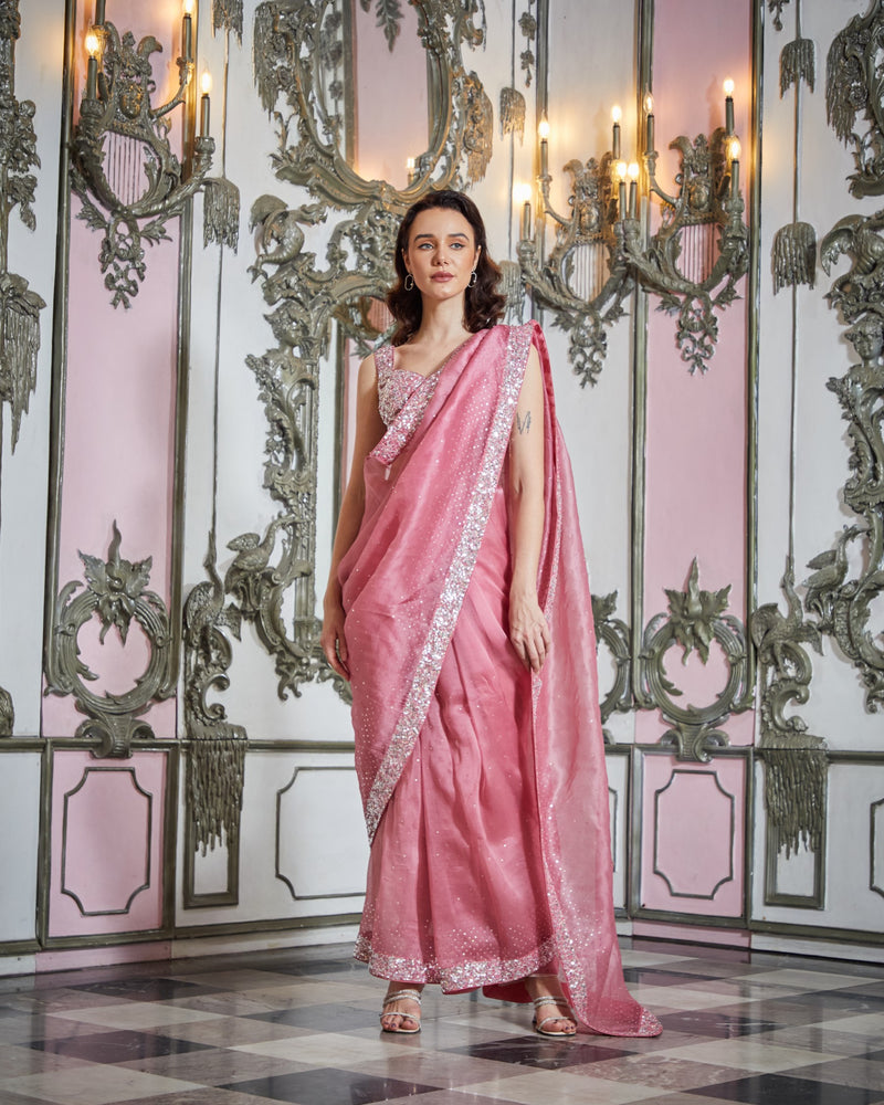 Exclusive Pastel Pink Georgette Embroidered Saree With Blouse